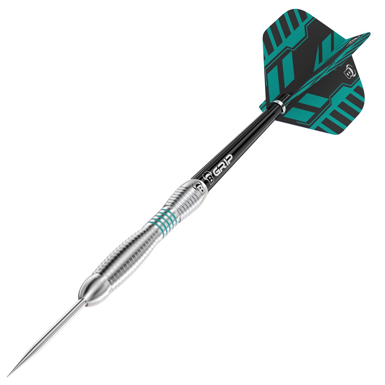 Dies ist der BULL'S® Veco V3 Steel Dart mit einem Gewicht von 25g. Der Dart hat einen silbernen Barrel mit blauen Akzenten und eine schwarze Flight mit türkisfarbenem Muster.