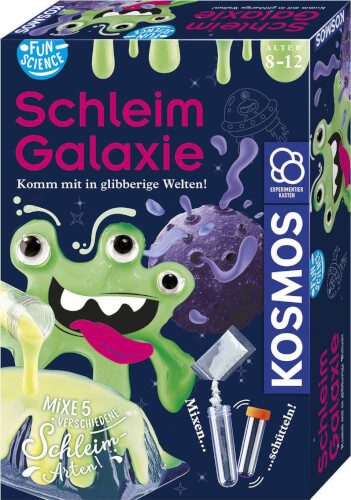 Auf dem Bild ist eine bunte Verpackung für ein Schleim-Galaxie-Experimentierset zu sehen. Das Set ist für Kinder von 8 bis 12 Jahren geeignet und enthält Materialien, um fünf verschiedene Schleimarten herzustellen.