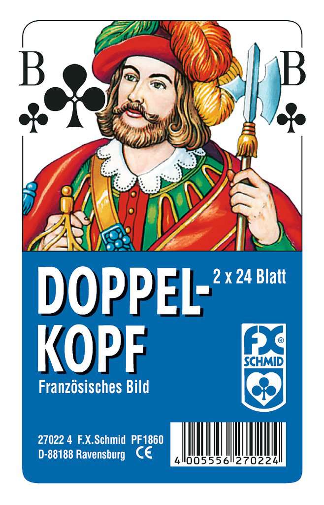 Das Bild zeigt eine Spielkartenverpackung für das Kartenspiel "Doppelkopf: Französisches Bild". Auf der Verpackung ist eine bunte Karte mit einem Buben der Kreuz-Farbe abgebildet.