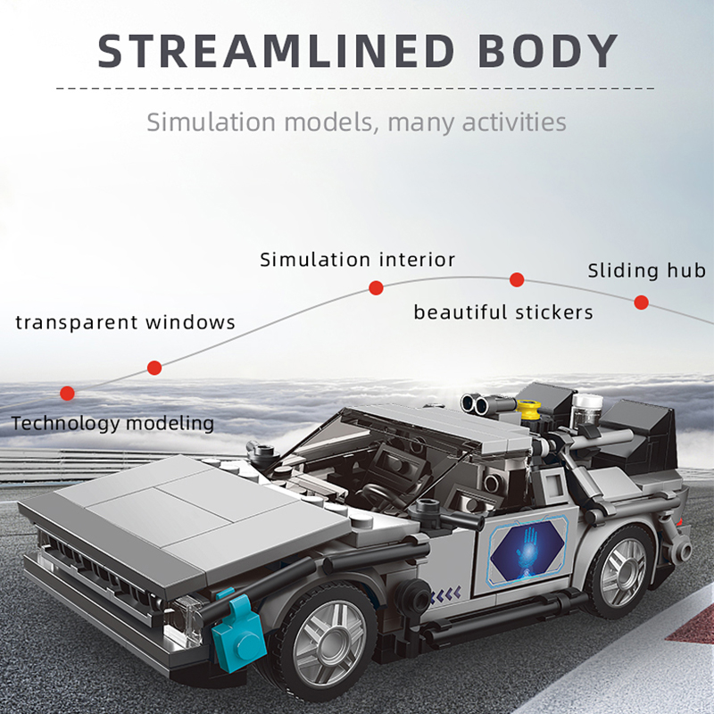 Das Bild zeigt das Produkt "Mould King® 27019 Delorean-12 Car + Showcase" als detailreiches Modellauto. Auf dem Bild werden besondere Merkmale wie transparente Fenster, eine simulierte Innenausstattung und schöne Aufkleber hervorgehoben.