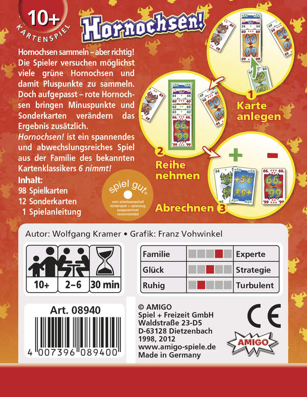Das Bild zeigt die Rückseite des Kartenspiels "Hornochsen!" mit einer Beschreibung des Spielablaufs und den Spielinhalten. Es werden Spielinformationen wie Altersempfehlung, Spieldauer, Spieleranzahl und Kategorien dargestellt.