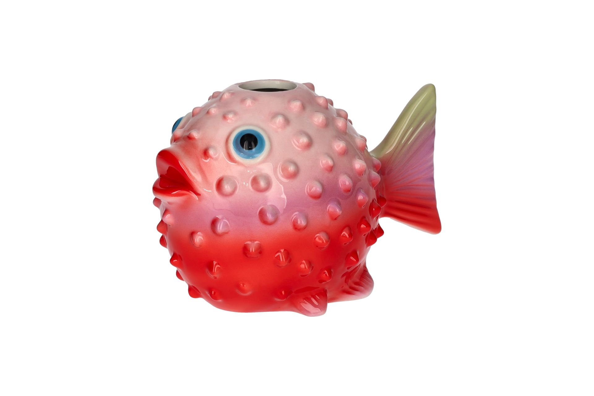 Kleine Vase in Form eines Kugelfisches in Rosa und Rot. Diese Vase trägt den Namen Mignon Kugelfisch.