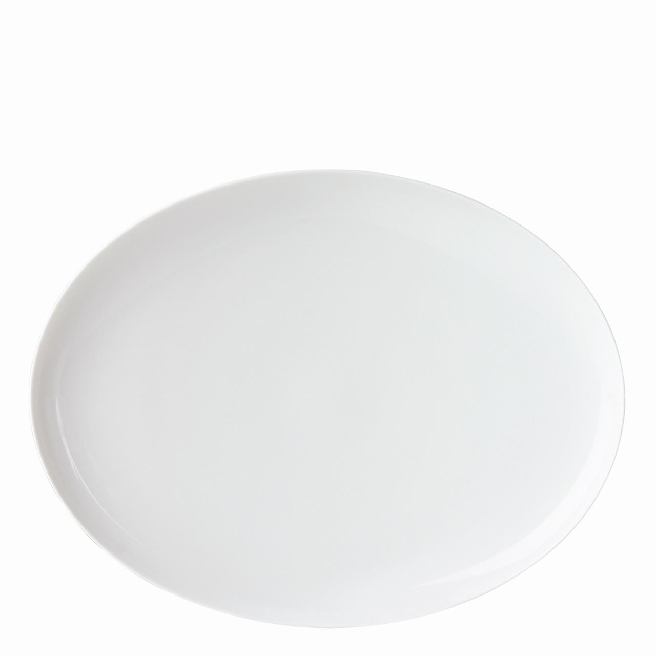 Auf dem Bild ist ein ovaler Teller aus weißem Porzellan zu sehen. Der Teller ist 31 cm groß und stammt aus der Serie "My China Weiss".
