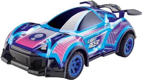 Das Bild zeigt ein Spielzeugauto mit einem futuristischen Design in Blau- und Lilatönen. Auf der Seite des Autos steht der Schriftzug "Light Rider".