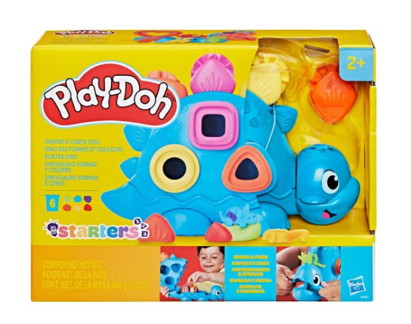 Abgebildet ist der Pd Starters Bunter Dino. Es handelt sich um ein buntes Dinosaurier-Spielzeug aus Knete.