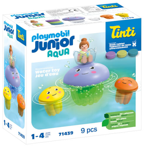 Auf dem Bild ist eine Playmobil Junior Aqua Spieleset-Verpackung zu sehen. Das Set enthält bunte Wasser-Spielzeuge in Form von freundlichen Quallen und eignet sich für Kinder von 1 bis 4 Jahren.