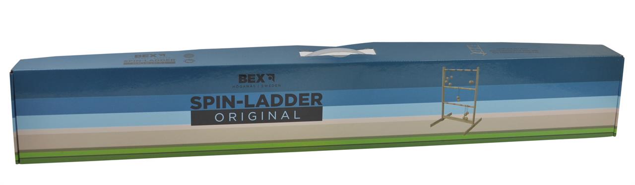 Die Abbildung zeigt die Verpackung des Produkts "Spin Ladder Original - Leitergolf". Auf der Schachtel ist das Spielgestell grafisch dargestellt.