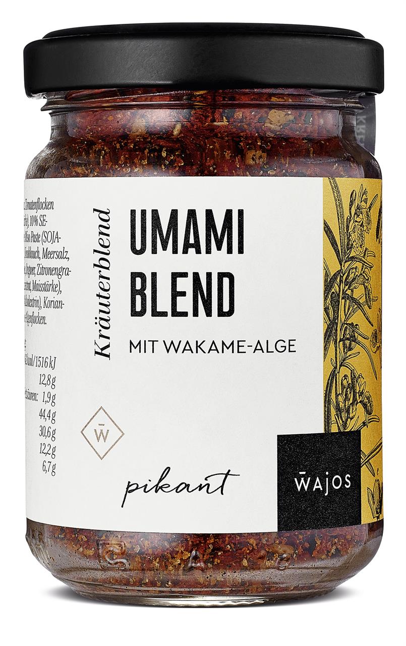 Das Bild zeigt ein Glas mit der Aufschrift "Umami Blend mit Wakame-Alge" von der Marke Wajos. Es handelt sich um eine pikante Würzmischung mit einem Inhalt von 55g.