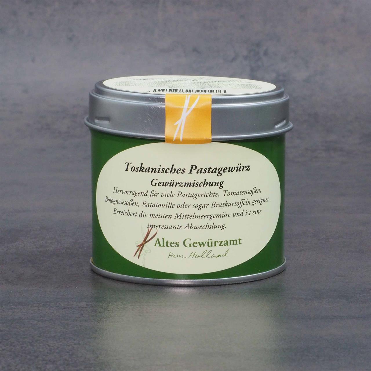 Dies ist eine grüne Dose mit dem Produkt "Toskanisches Pastagewürz Gewürzmischung 75g". Die Gewürzmischung eignet sich hervorragend für Pasta, Tomatensaucen und andere mediterrane Gerichte.