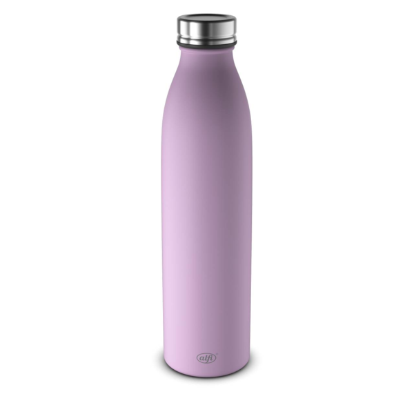 Eine lilafarbene Isolierflasche ist zu sehen. Sie steht senkrecht auf einer hellen Oberfläche.