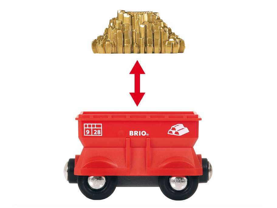 Das Bild zeigt einen roten BRIO®-Wagen mit einem Haufen goldener Steine darüber. Ein roter Doppelpfeil zeigt, dass die Goldladung in den Wagen gelegt werden kann.