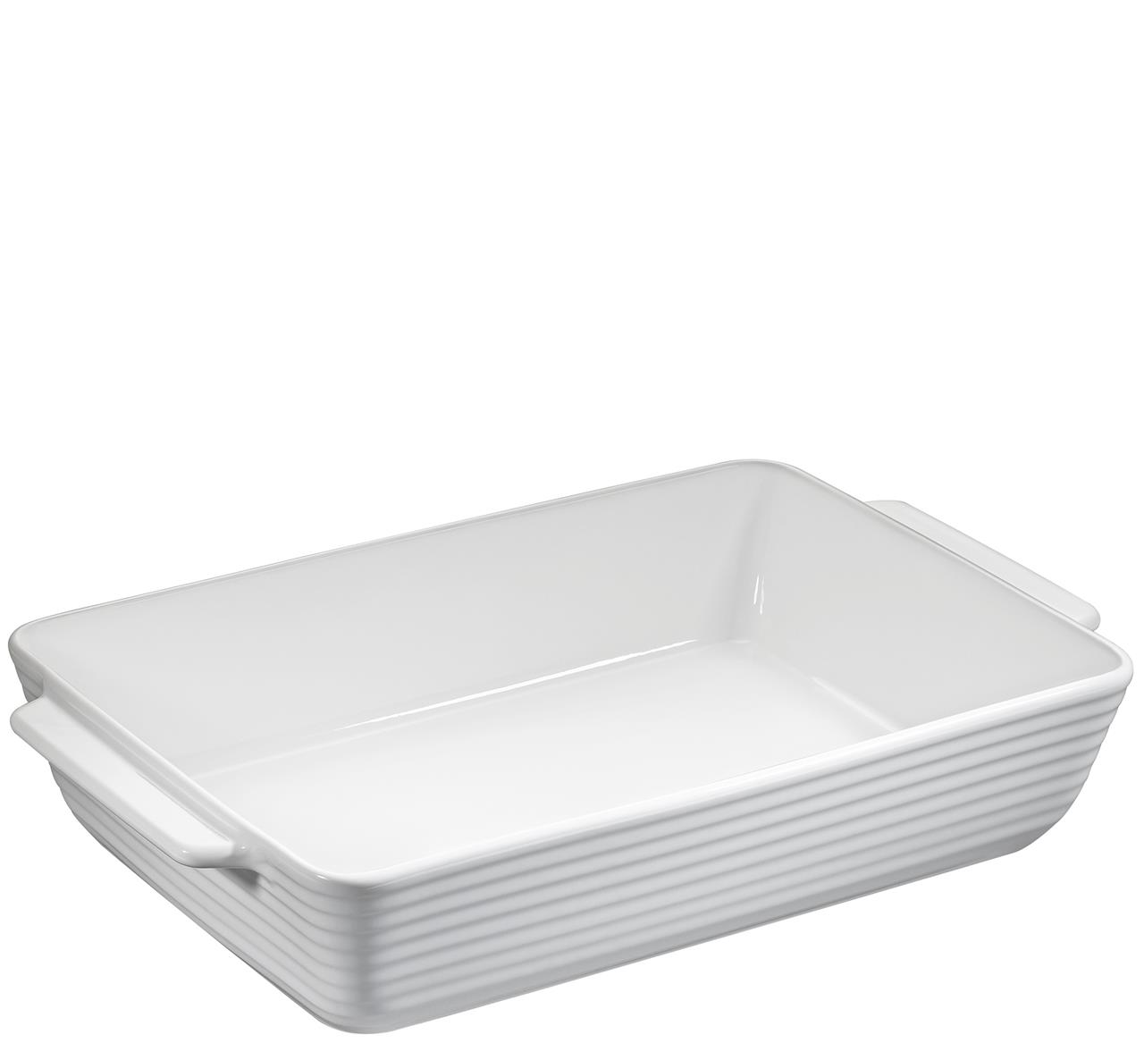 Die Abbildung zeigt eine rechteckige, weiße Gratinform mit einer Länge von 40 cm. Die Form hat zwei seitliche Griffe und eine fein gerillte Außenseite.