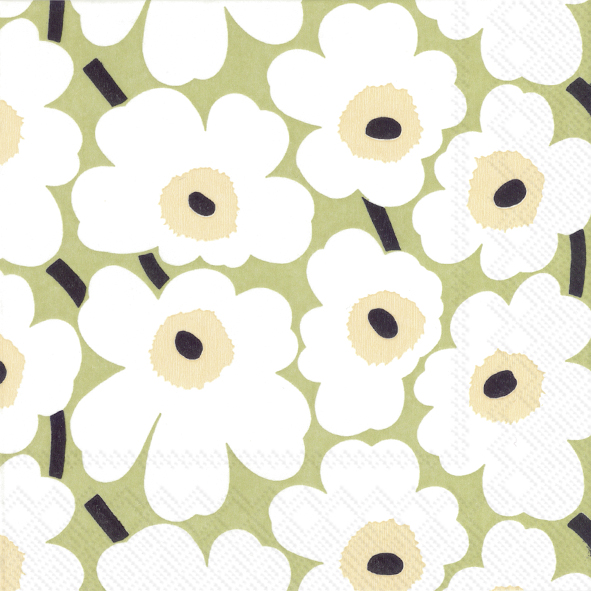 Das Bild zeigt MINI UNIKKO light green Lunch-Servietten. Die Servietten haben ein florales Muster in hellgrüner Farbe.