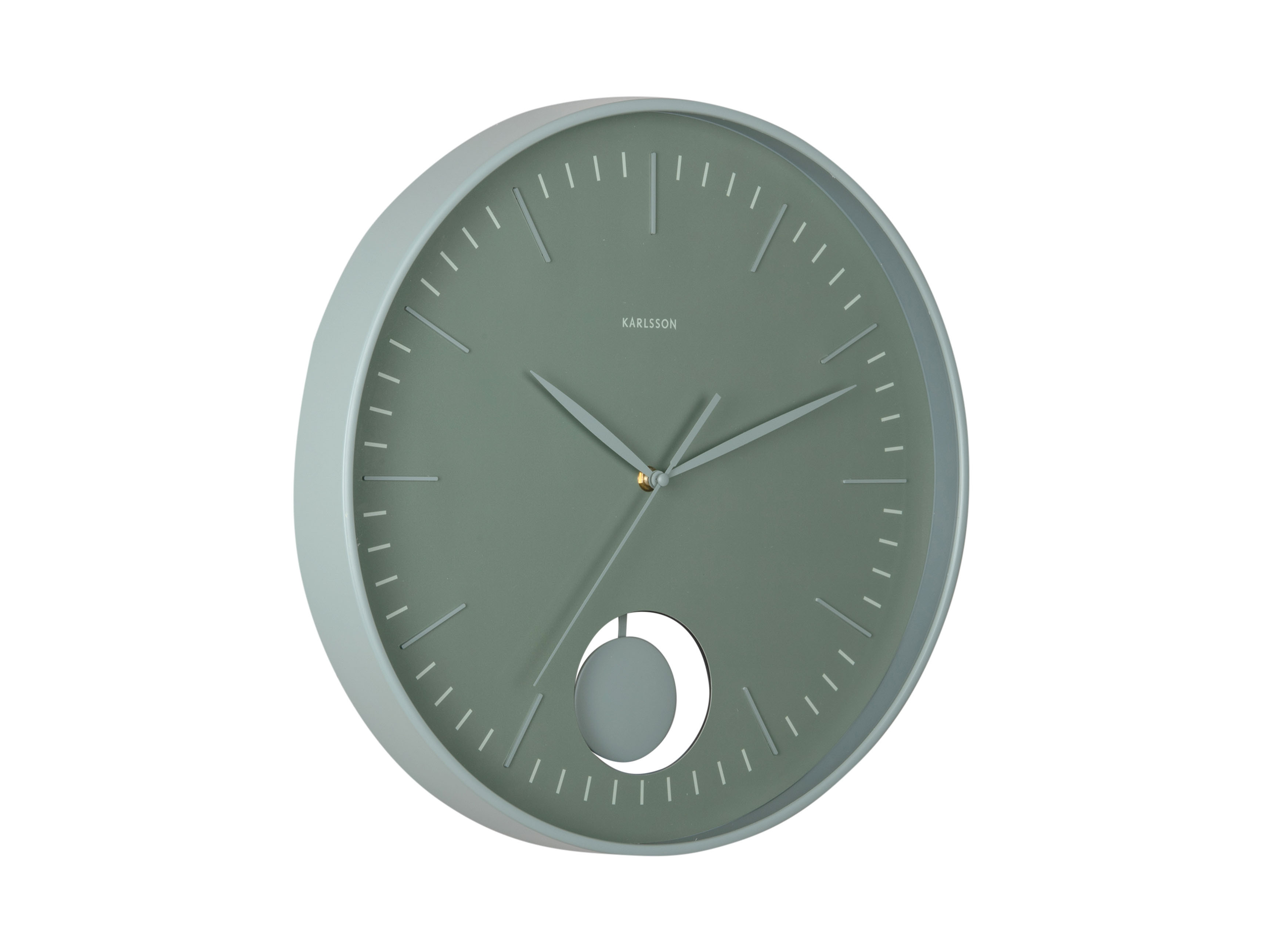 Abgebildet ist die Wanduhr Grato Pendulum in Dschungelgrün. Sie ist eine stilvolle Uhr mit Pendel.