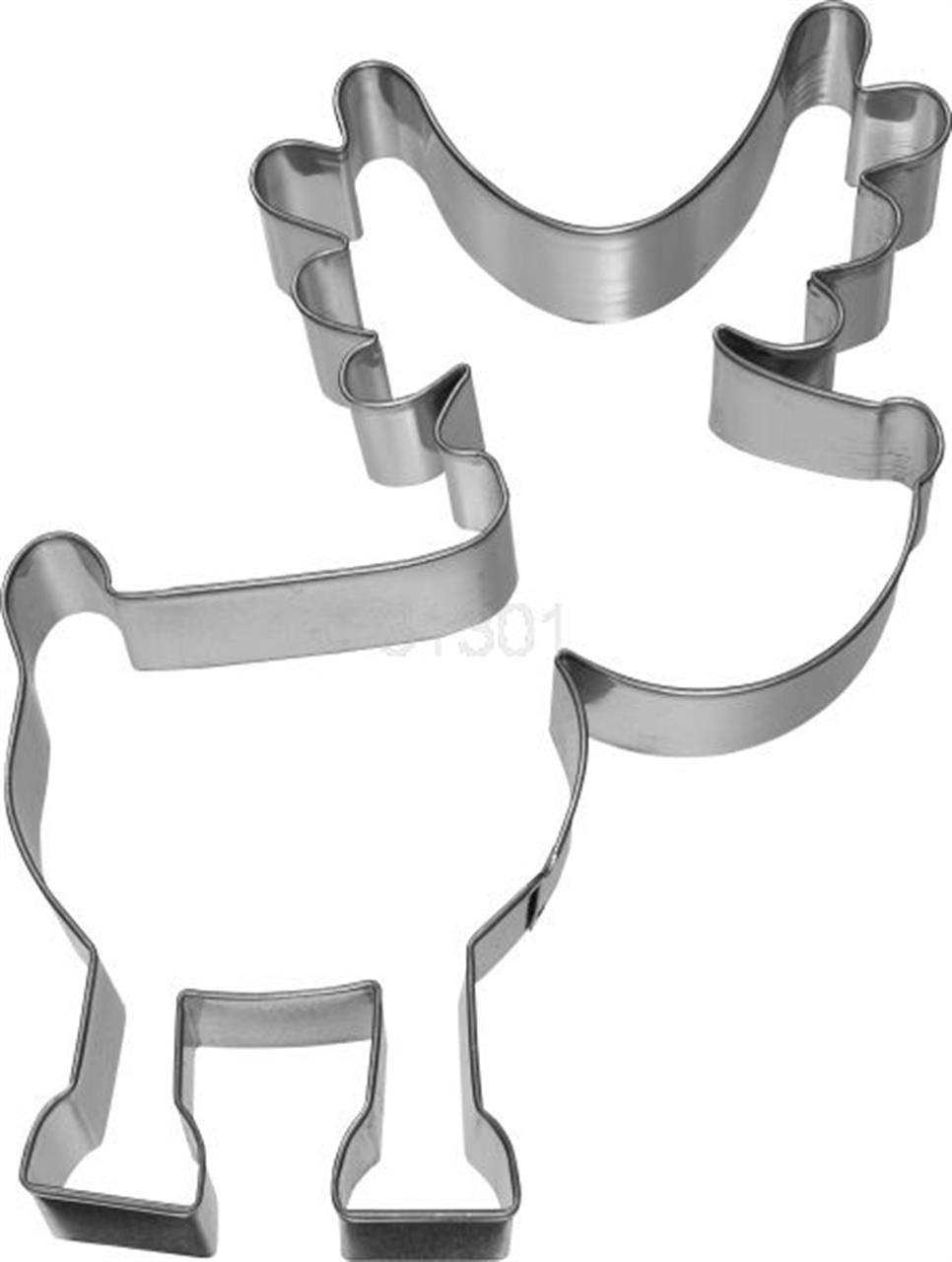 Auf dem Bild ist eine Ausstechform in Form eines Rentiers zu sehen. Die Ausstechform ist aus Metall und etwa 13 cm groß.