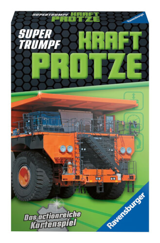 Auf dem Bild ist eine Spieleschachtel mit einem riesigen orangefarbenen Lastwagen zu sehen. Das Kartenspiel heißt "Super Trumpf Kraftprotze" und kommt von Ravensburger.