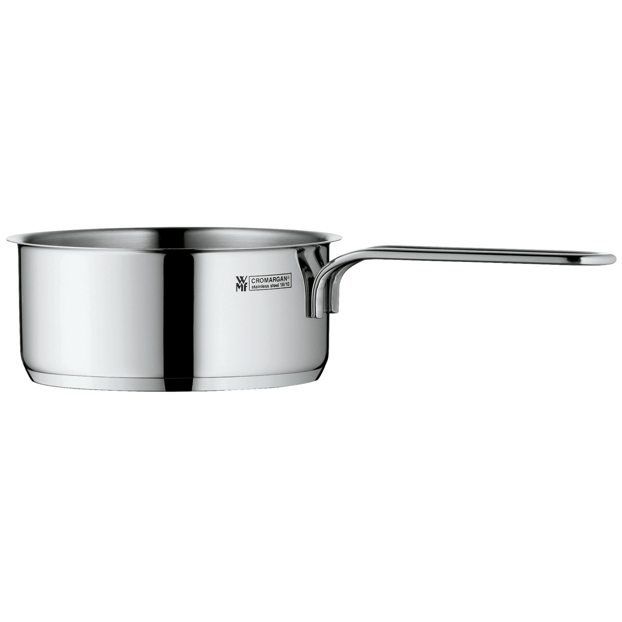 Dies ist ein Edelstahl-Topf mit einem langen Griff. Er hat ein glänzendes, modernes Design und eignet sich zum Kochen auf dem Herd.