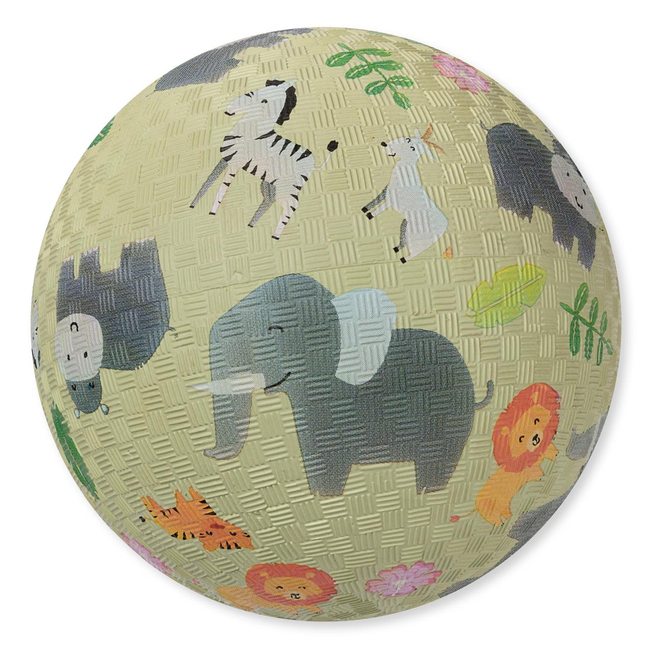 Der Kinderball Tapirella Safari ist mit bunten Safari-Tieren wie Elefant, Löwe und Zebra bedruckt. Die Oberfläche des Balls hat eine strukturierte Musterung für besseren Halt.