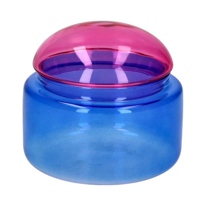 Voile Glasdose in Größe S aus Borosilikatglas in pink und blau. Die Dose eignet sich hervorragend zur Aufbewahrung kleiner Gegenstände.