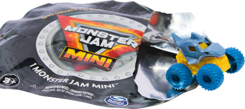 Auf dem Bild ist eine aufgerissene Verpackung mit der Aufschrift "Monster Jam Mini" zu sehen. Daneben liegt ein kleines, blau-gelbes Monstertruck-Spielzeug.