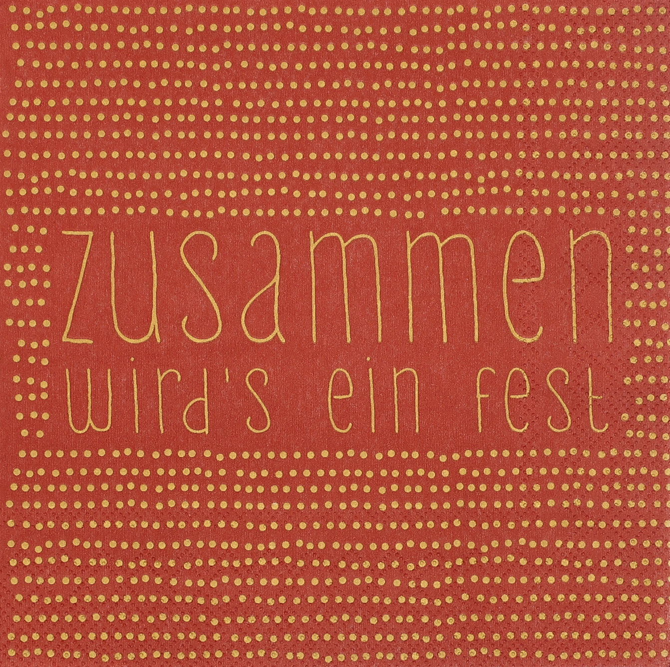 Eine festliche Serviette mit Text und Dekor. Das Motiv ist freundlich gestaltet.