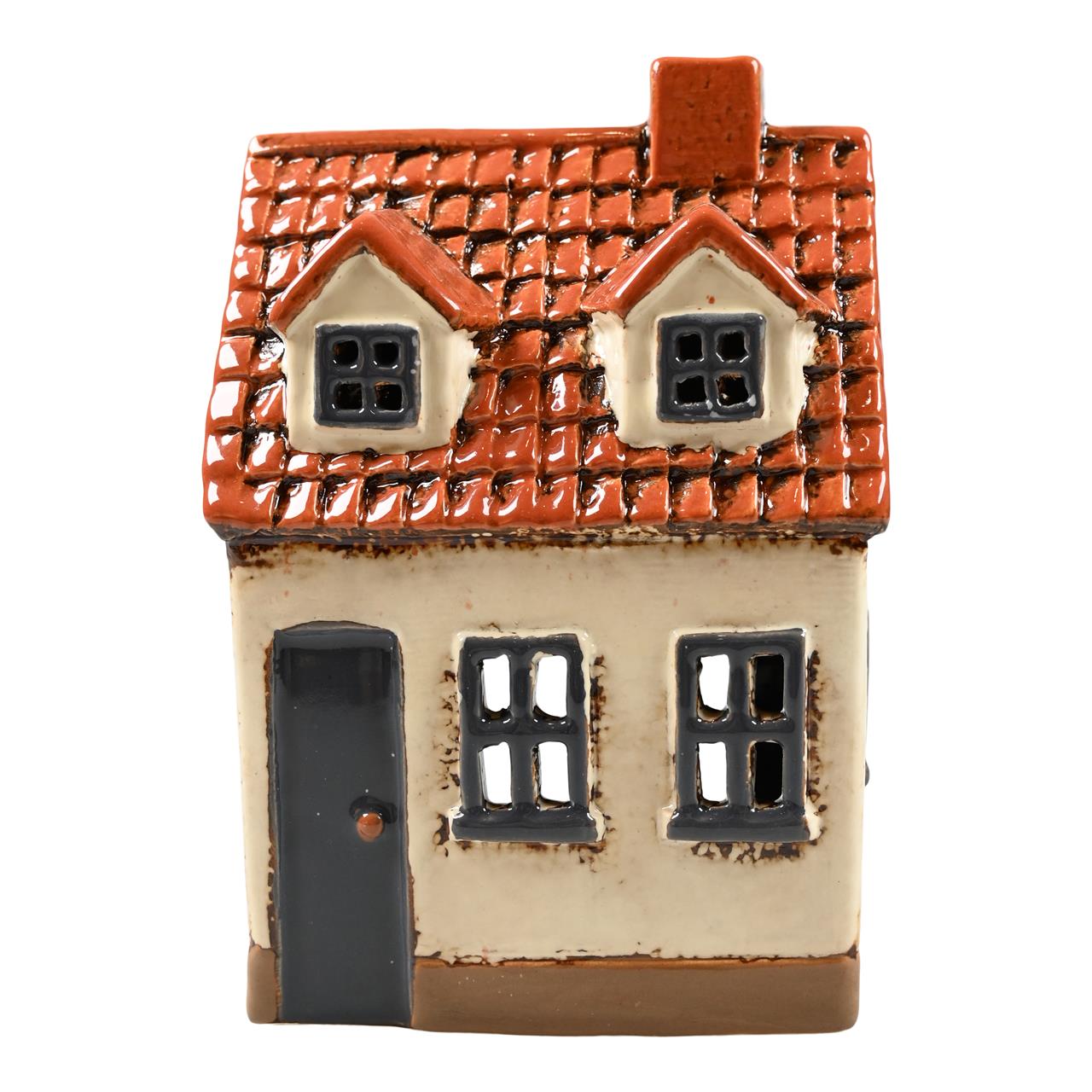 Das Bild zeigt ein kleines Haus aus Keramik mit einem beigen Anstrich und einem roten Dach. Die Maße des Produkts sind 15x10x8 cm.