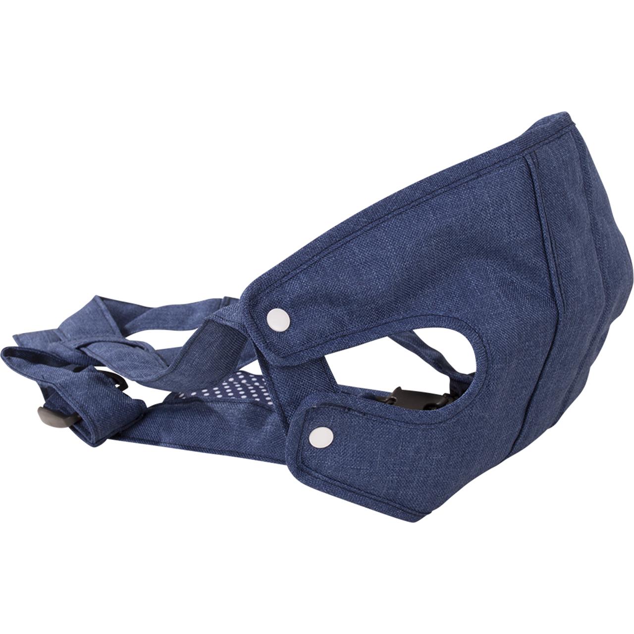 Das Bild zeigt eine Bauchtrage mit dem Namen "Denim&Spots". Sie ist aus blauem Jeansstoff gefertigt und hat verstellbare Träger.