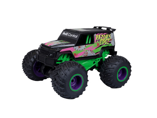 Auf dem Bild ist ein ferngesteuertes Monstertruck-Spielzeug zu sehen. Das Auto ist schwarz, grün und lila und trägt die Aufschrift "RAZOR'S EDGE" auf der Seite.