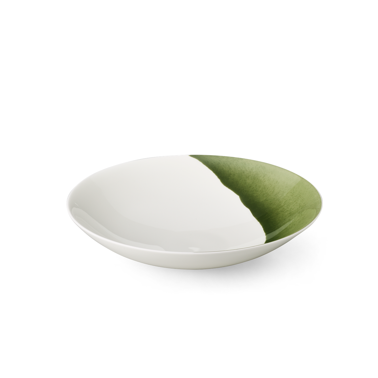 Dies ist ein tiefer Teller aus Fine Bone China mit einem Durchmesser von 24 cm. Der Teller hat ein modernes Design in Weiß mit einem khakifarbenen Akzent.