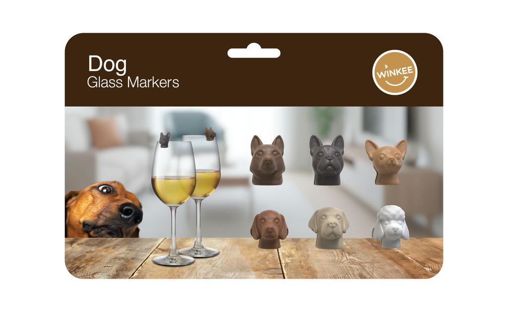 Der Glasmarker Doggy hilft, Gläser leicht zu unterscheiden. Ein origineller Helfer bei jeder Feier.