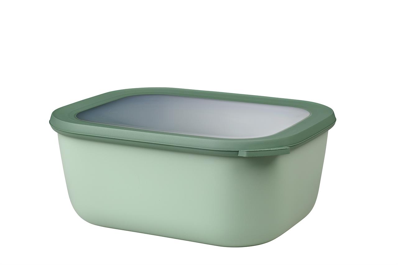 Auf dem Bild ist eine rechteckige Multischüssel mit einem Fassungsvermögen von 3 Litern zu sehen. Sie hat die Farbe Nordic Sage und einen passenden Deckel.