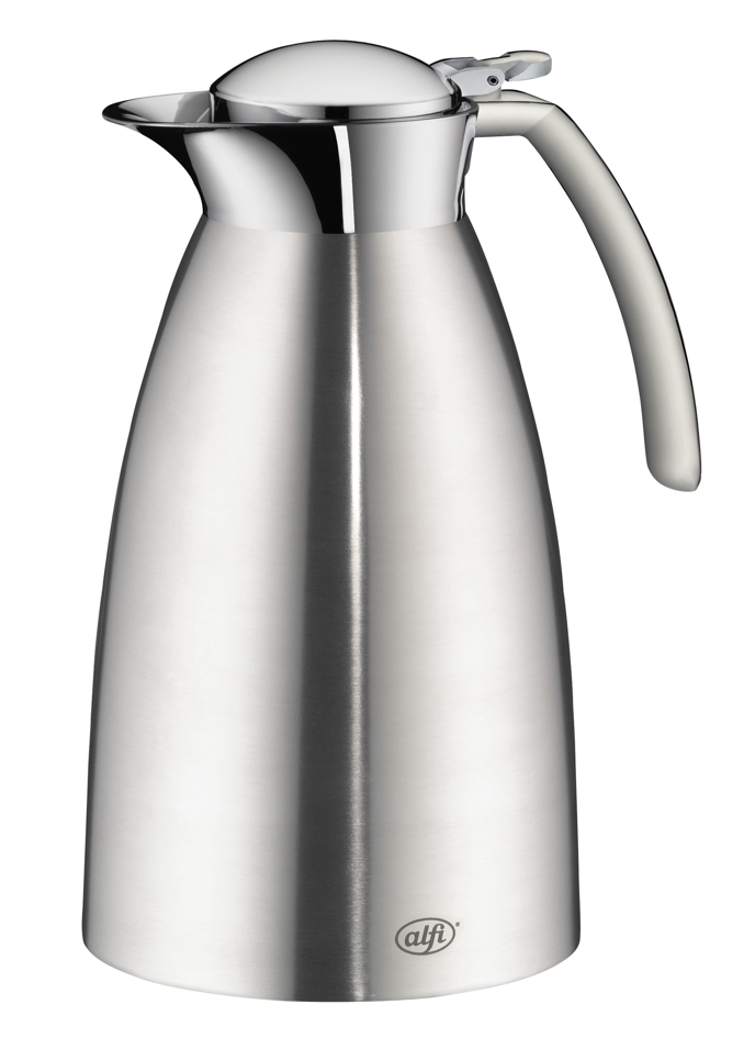 Die Abbildung zeigt eine silberne Isolierkanne des Modells "Gusto TT 1,0L". Sie hat ein elegantes, modernes Design mit einem ergonomischen Griff.