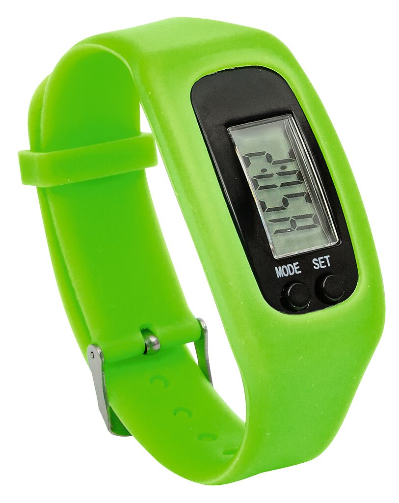 Hier ist der gesamte Lieferumfang des 'Expedition Natur 2 In 1 Schrittzähler & Uhr' zu sehen. Alle Bestandteile liegen nebeneinander.