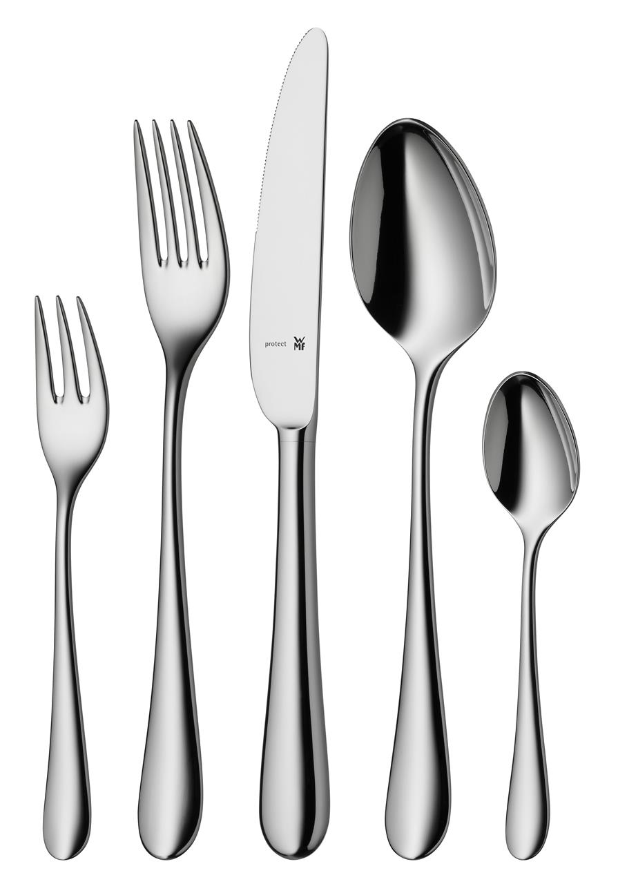 Das Bild zeigt ein Besteck-Set mit fünf verschiedenen Besteckteilen aus glänzendem Edelstahl. Es handelt sich um das "Besteck-Set Merit Cromargan Protect 66tlg."