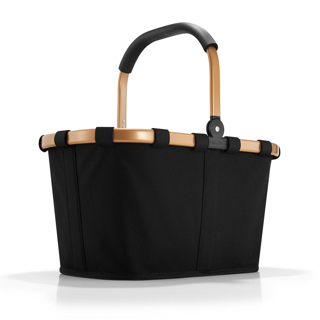 Der Einkaufskorb „Carrybag frame gold/black“ hat einen goldfarbenen Rahmen und einen schwarzen Stoffkörper. Er besitzt einen stabilen Griff und ein modernes Design.