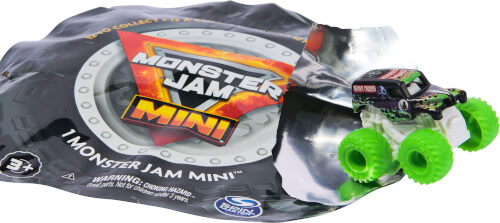 Auf dem Bild ist eine Verpackung von "Monster Jam Mini" zu sehen. Daneben steht ein kleines Spielzeugauto mit leuchtend grünen Rädern.