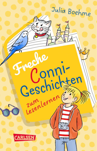 Auf dem Buchcover ist ein fröhliches Mädchen mit blondem Pferdeschwanz abgebildet. Im Hintergrund sind bunte Zeichnungen von einer Katze, einem Vogel, einer Burg und einer Krone zu sehen.