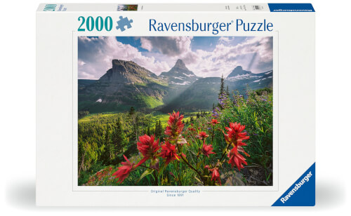 Auf dem Bild ist eine Ravensburger Puzzle-Schachtel mit 2000 Teilen zu sehen. Das Motiv zeigt eine beeindruckende Berglandschaft mit blühenden roten Blumen im Vordergrund.