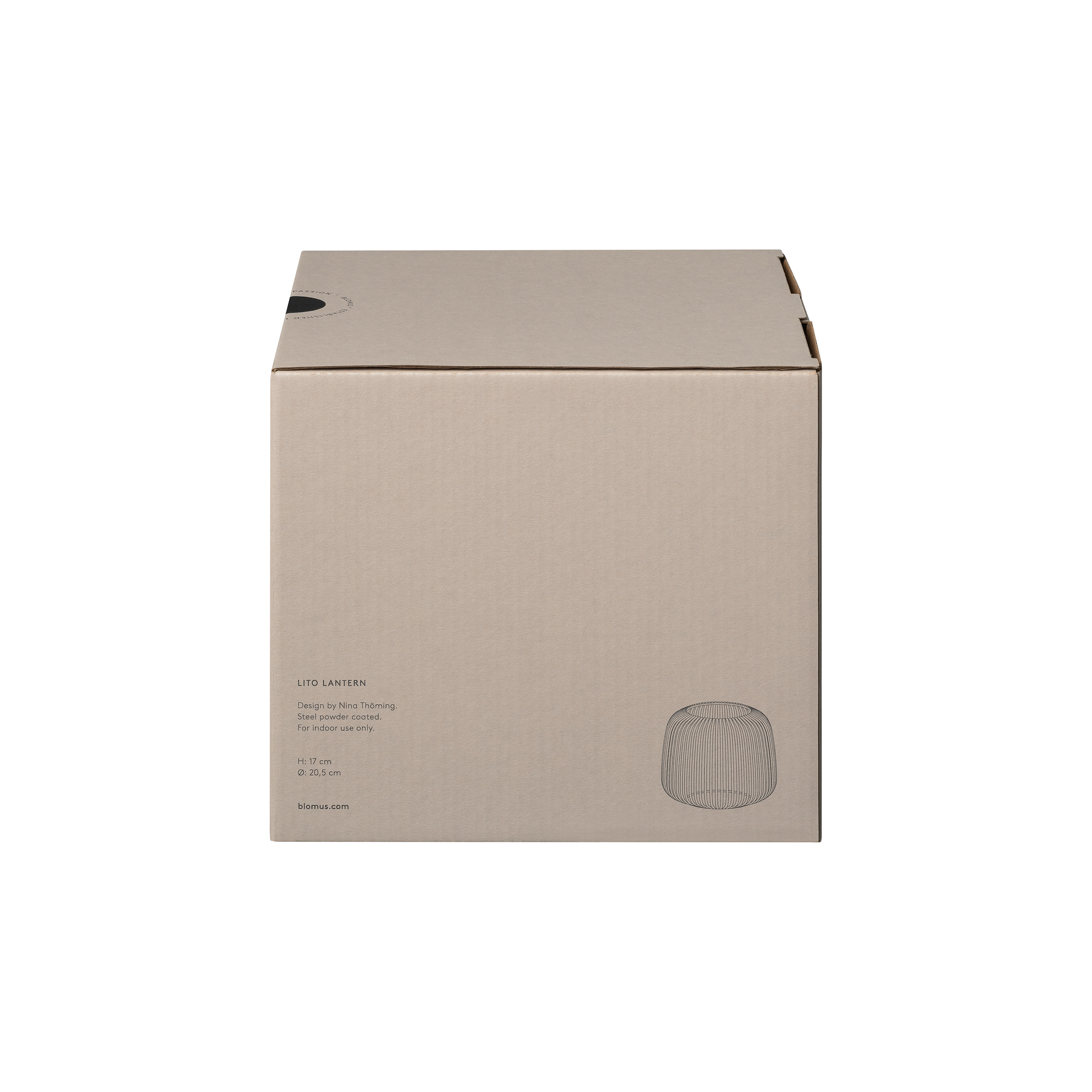 Auf dem Bild ist ein brauner Karton mit schlichtem Design zu sehen. Auf der Vorderseite stehen Informationen zur "LITO LANTERN" und es ist eine kleine Skizze der Laterne abgebildet.