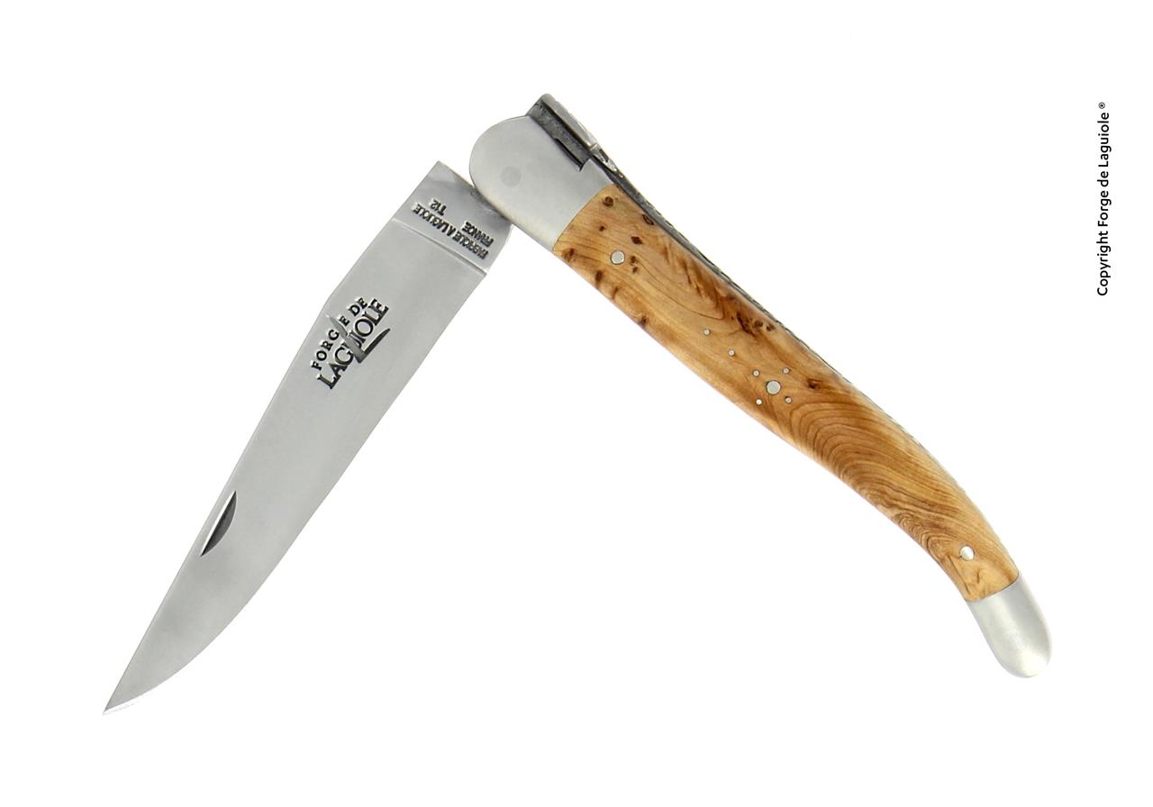 Das Bild zeigt ein Klappmesser mit einer glänzenden Klinge und einem Griff aus Wacholderholz. Das Produkt heißt "Taschenmesser 12cm Wacholder glänzend".