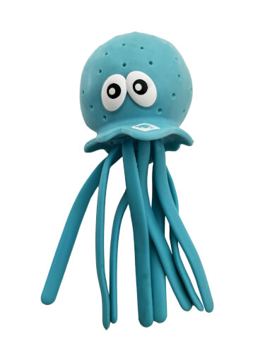Das Bild zeigt eine blaue Spielzeugqualle mit großen, weißen Augen. Sie hat einen runden Kopf und mehrere lange, flexible Tentakel.