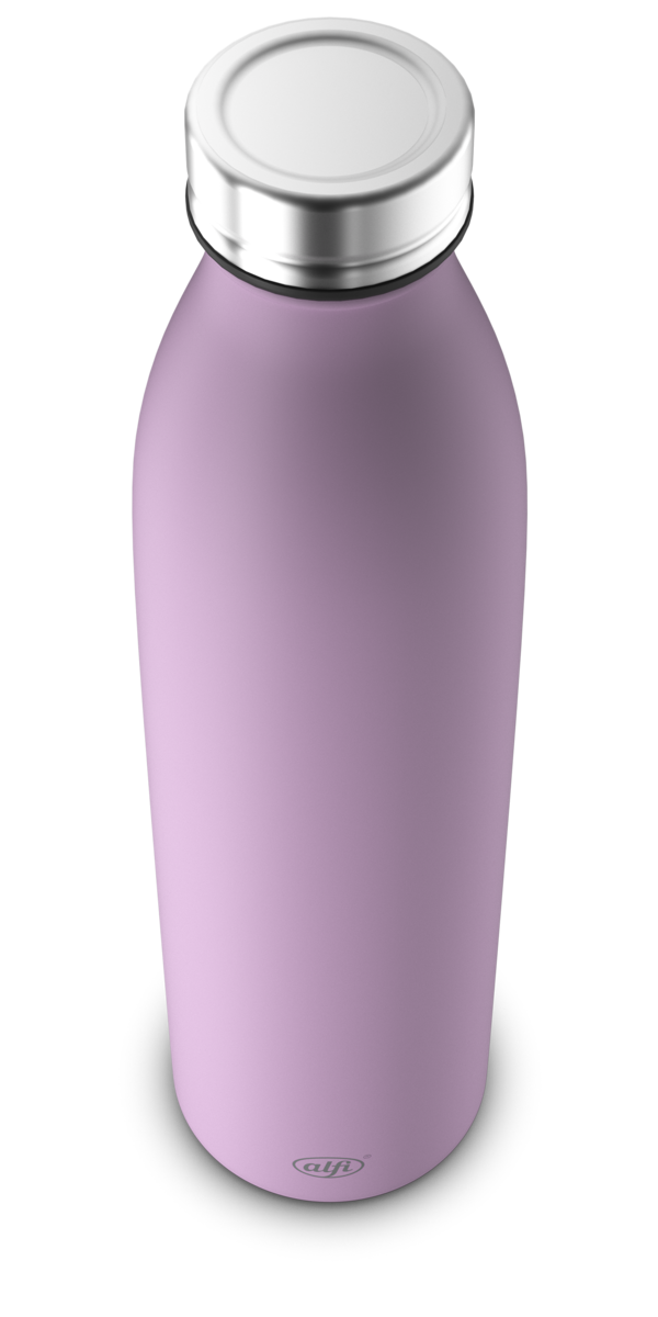 Hier ist eine lila Isolierflasche zu sehen. Die Flasche steht aufrecht und wirkt modern.