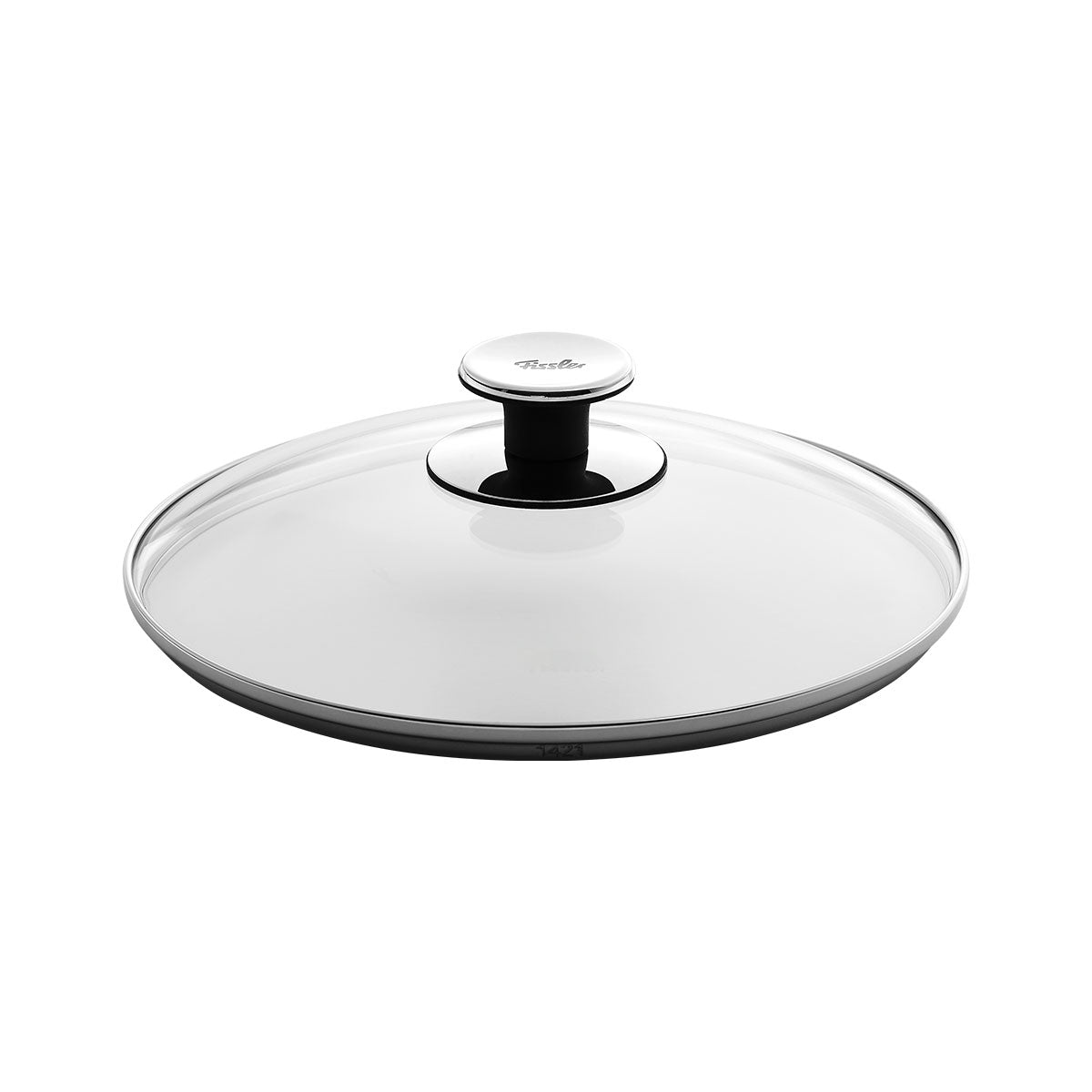 Gezeigt wird ein runder Glasdeckel für Kochgeschirr. Der Deckel ist glänzend und durchsichtig.