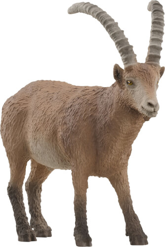 Das Bild zeigt eine braune Steinbockfigur mit langen, gebogenen Hörnern. Sie steht aufrecht und schaut nach vorne.