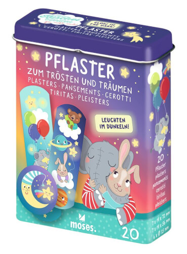 Auf der Dose sind bunte Pflaster mit niedlichen Tiermotiven und Ballons abgebildet. Auf der Verpackung steht, dass die Pflaster im Dunkeln leuchten.