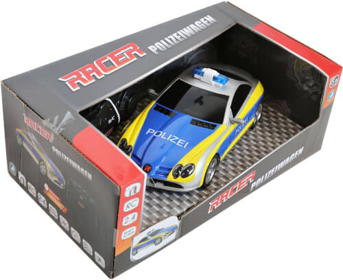 Das Bild zeigt ein Spielzeug-Polizeiauto in einer Verpackung. Auf der Verpackung steht "Racer Polizeiwagen".