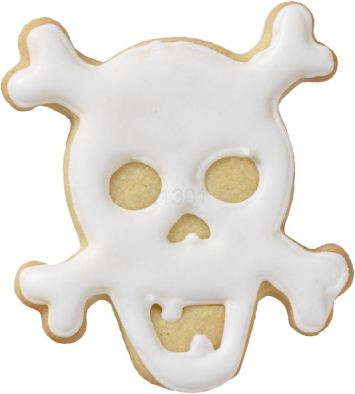 Das Bild zeigt einen Keks in Form eines Totenkopfs mit weißer Glasur. Der Keks wurde mit einer Ausstechform "Totenkopf 7cm" gemacht.