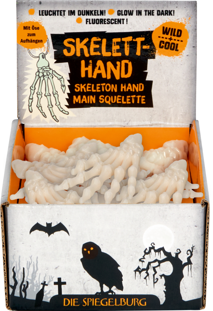Das Foto stellt die Wild Cool - Fluoreszierende Skelett-Hand dar. Die fluoreszierende Skelett-Hand ist aus einer Detailansicht zu sehen.