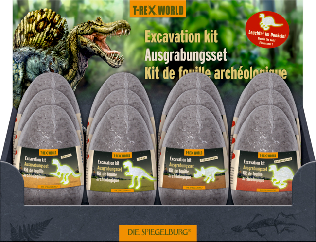T-Rex World - Ausgrabungsset Figuren im Ei nachtle zeigt eine Nahaufnahme des Ausgrabungssets. Es bietet ein spannendes Erlebnis für kleine Dino-Fans.