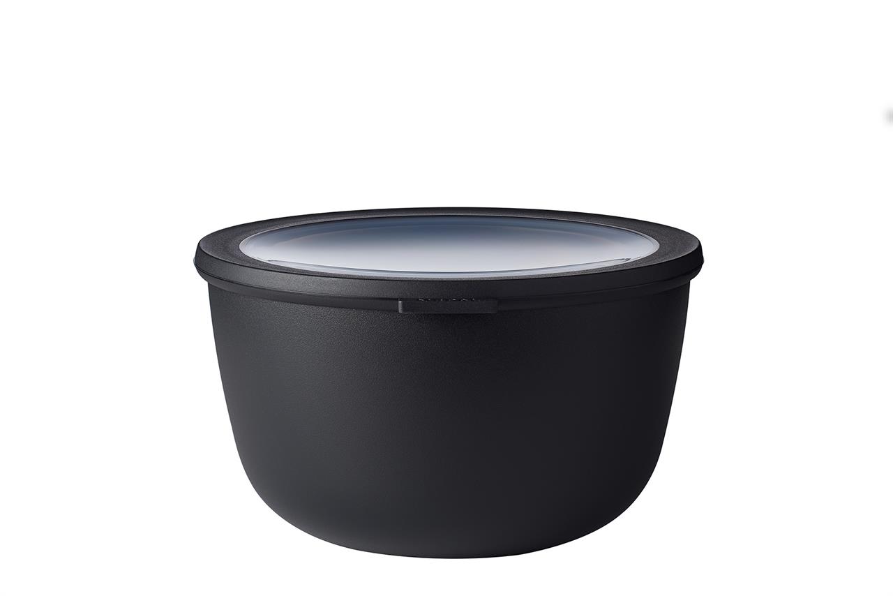 Die Abbildung zeigt eine schwarze Schüssel mit einem transparenten Deckel. Es handelt sich um die Multi Bowl Cirqula mit einem Fassungsvermögen von 3 Litern in der Farbe Nordic Black.